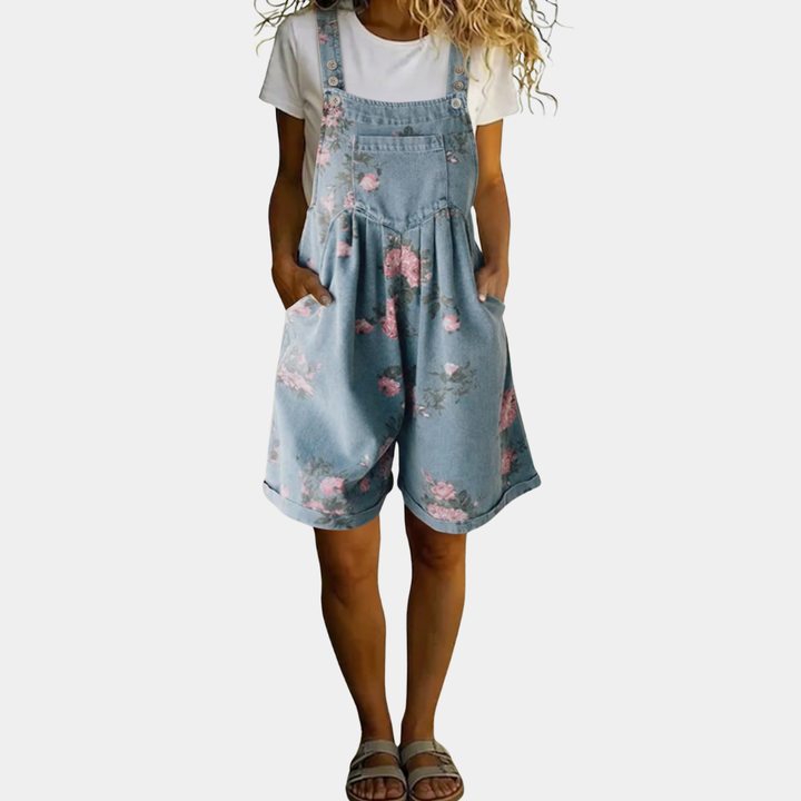 Judy | Vintage Washed Soft Cotton Feel Denim Λουλουδάτο Ολόσωμο Σακάκι
