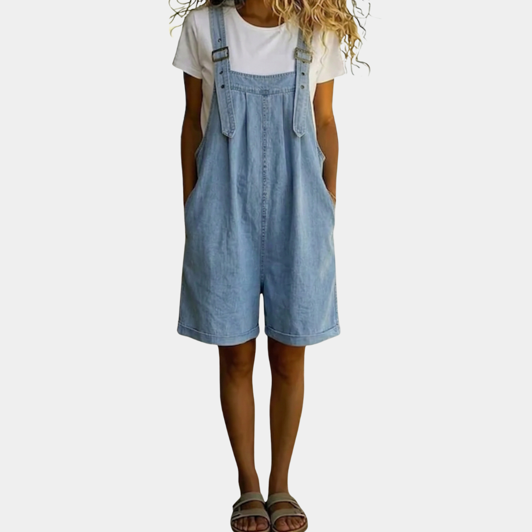 Clara | Vintage Washed Soft Cotton Feel Denim Short Overall Ανοιχτό μπλε