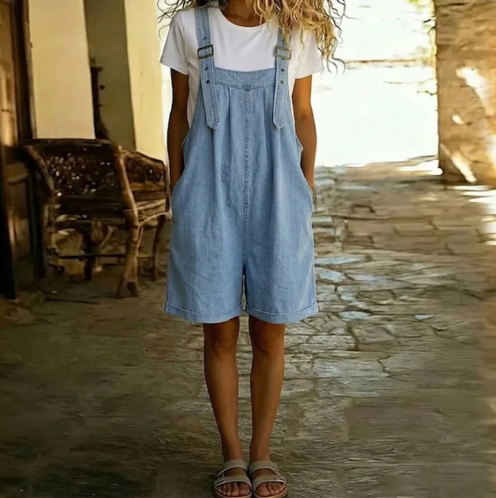 Clara | Vintage Washed Soft Cotton Feel Denim Short Overall Ανοιχτό μπλε