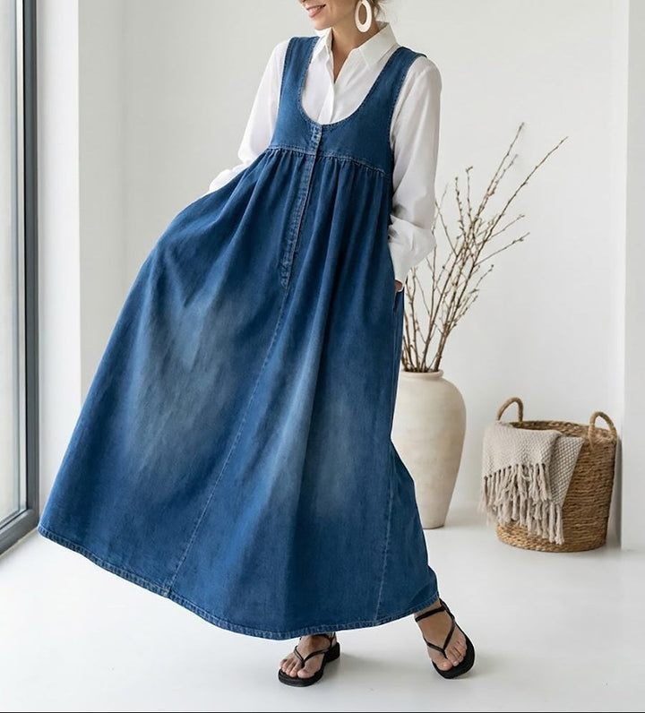 Karen | Vintage Washed Soft Cotton Feel Denim Maxi Dress